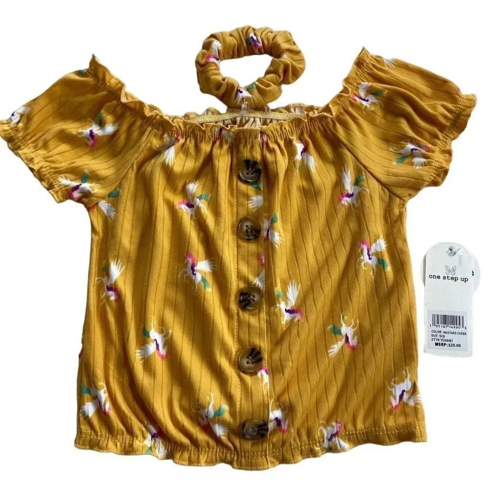 ONE STEP UP Girl’s Small (4) Mustard/Unicorn Top with Matching Scrunchie